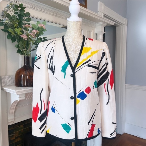 VINTAGE LEVINO VERNA 100% Silk White & Multi Color Abstract Print‎ Jacket Size 4 - Picture 5 of 16